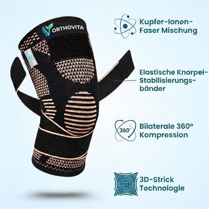 BioAktiv Kniebandage Merkmale: Kupfer-Ionen-Fasern, Stabilisierungsbänder, 360° Kompression, 3D-Strick