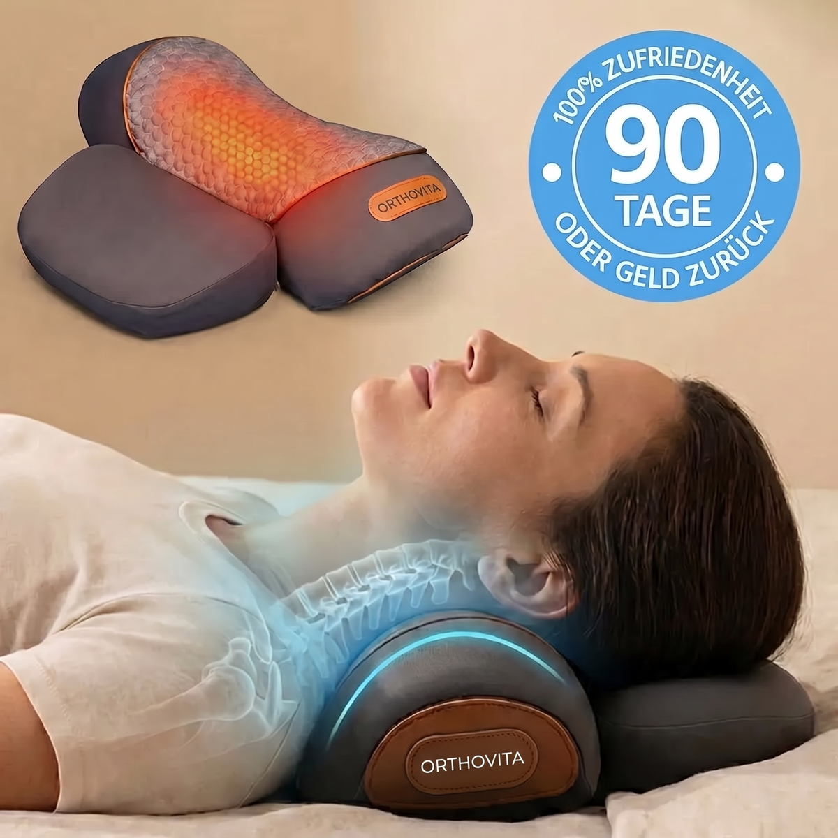 Orthovita Nackenkissen Premium – Frau entspannt mit ergonomischem Nackenkissen, 90-Tage-Garantie