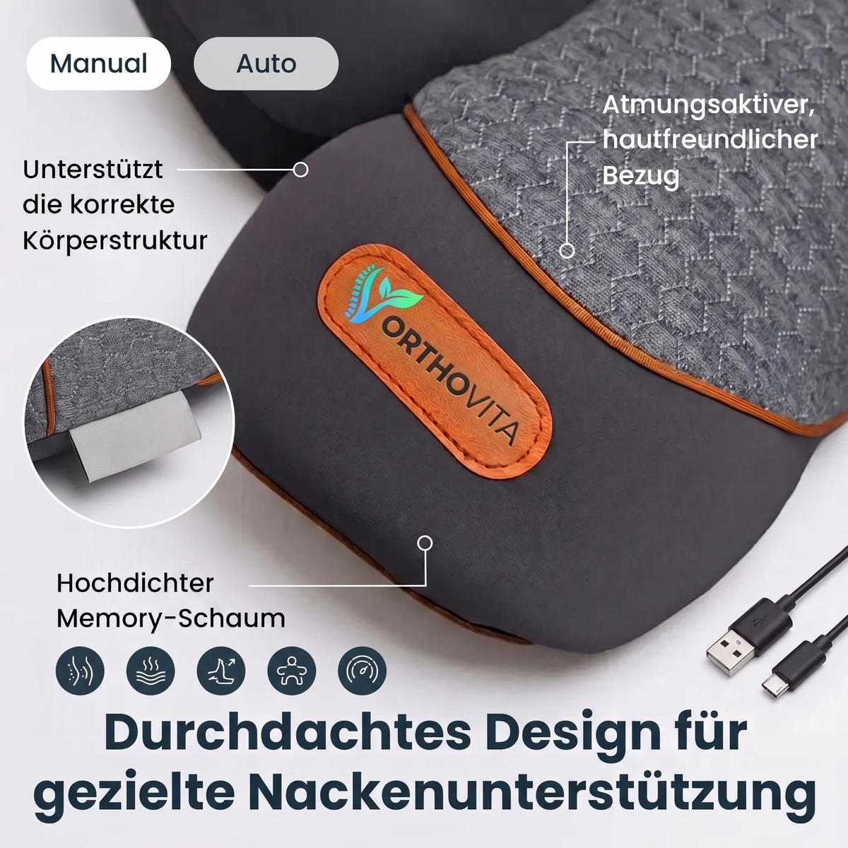 Orthovita Nackenkissen Premium – intelligenter Steuerschalter mit Massage- und Wärmemodi