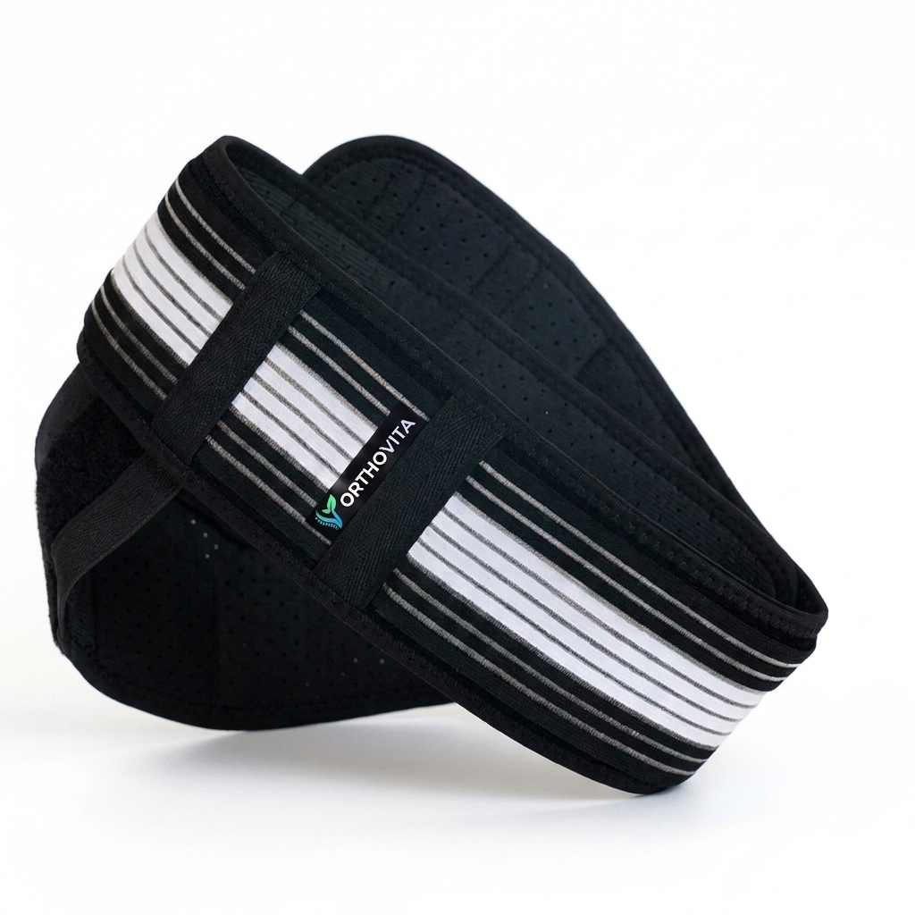 Orthovita Rückengürtel Detailaufnahme – Verstellriemen, atmungsaktives Material und Logo